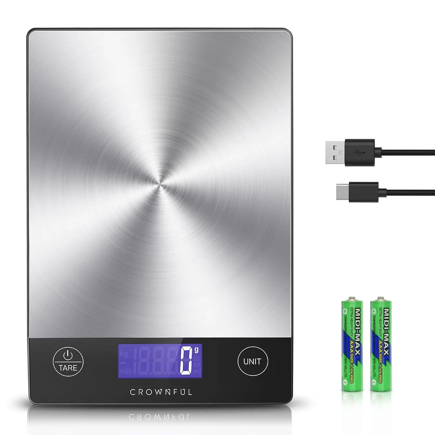 Digital Kitchen Food Scale - 33lb Rechargeable 304 Stainless Steel Scale with LCD Display, g/oz Measurement, Type-C Charging for Meal Prep, Baking