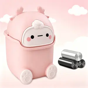 [HUOMAQFAN] Pink Flip-Lid Desktop Trash Can, Small Plastic Countertop Wastebasket with 90 Trash Bags, Creative Mini Bin for Home Office