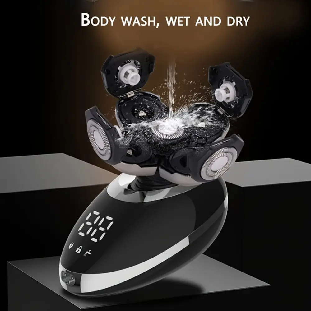 Men's 5-Blade Cordless Rechargeable Stainless Steel Electric Shaver - Cordless Metal Shaver, Adjustable Settings, Bald Head Smoothing Dry Shave, LED Display, Lithium Ion Batteries, Daily Care Compatible, Smooth Black Design