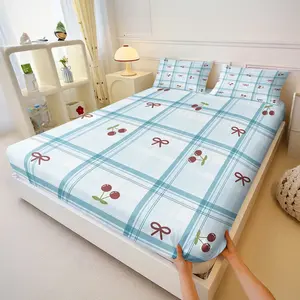 2- or 3-piece blue-and-white checkered cherry and bow Fitted Sheet Set; cute cartoon-style printed bedding with zipper closure; simple, all-season bedding; does not include a duvet insert