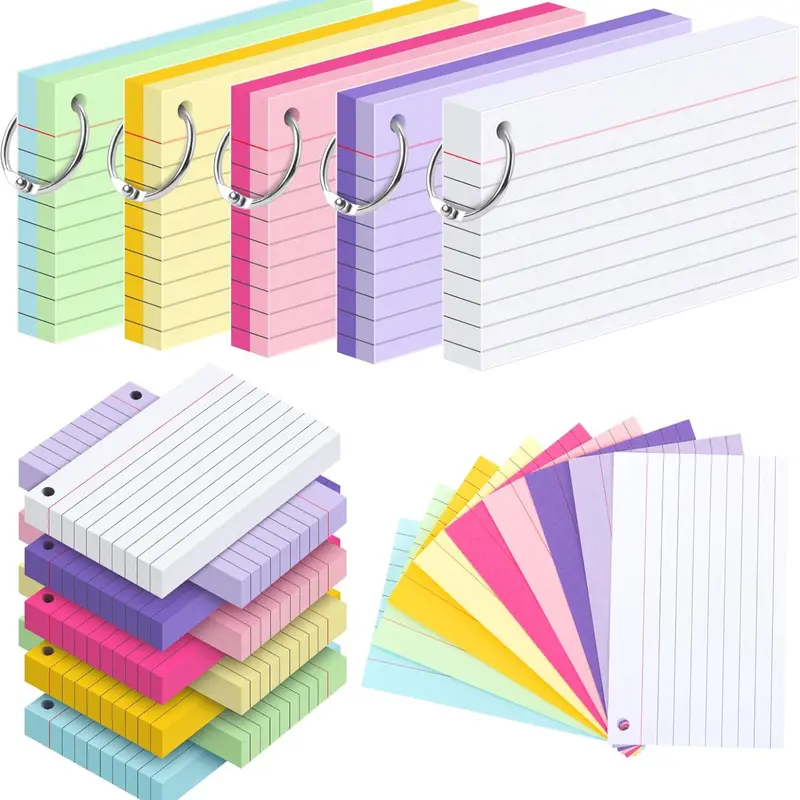 250 Count Colored Index Cards with Key Ring, 3 x 5 Inch Ruled Flash Cards 9 Color, 5 Packs of 50 Sheets Lined Study Note Cards for School&Office Supplies, Heavy Flashcards with Waterproof Cover