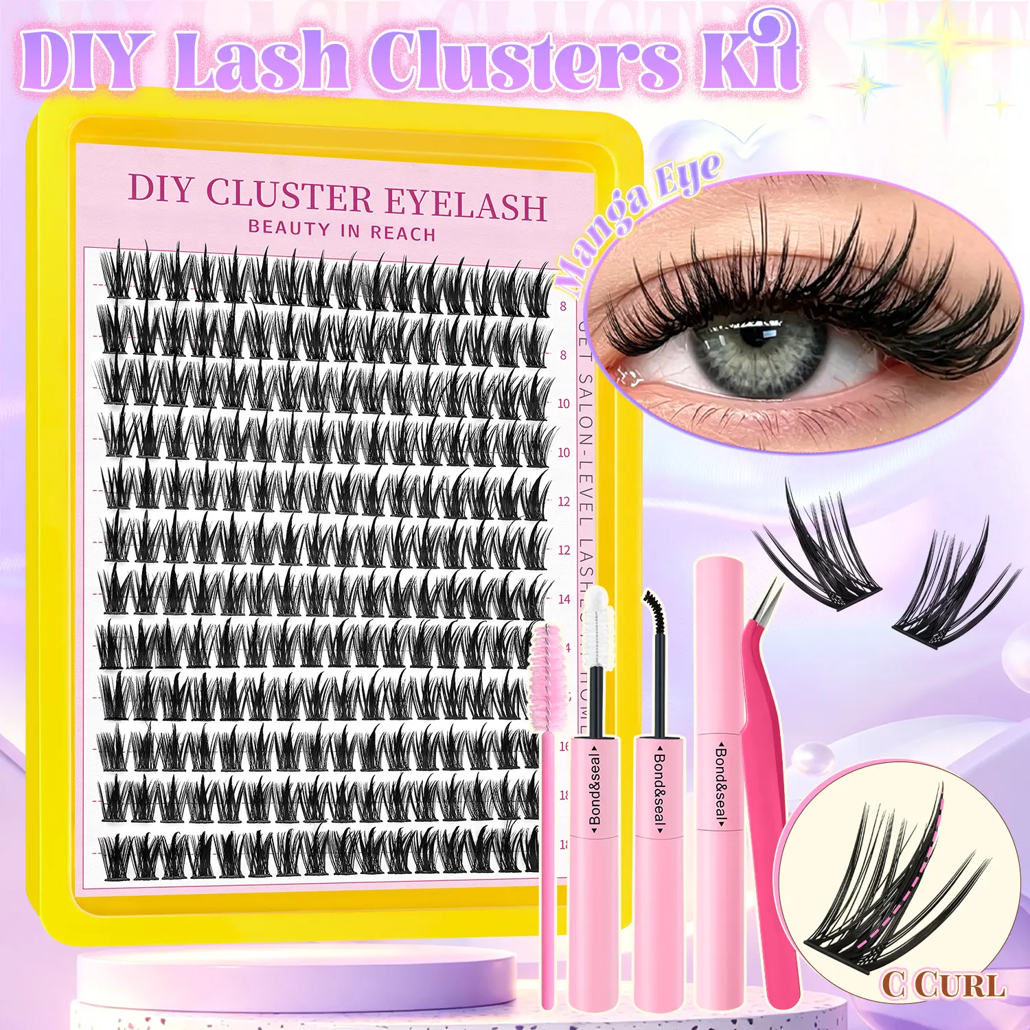 Natural Fairy Lash Clusters Kit Invisible Band Manga Lashes with Lash Bond & Seal + Eyelash Applictor, Anime C/D Curl Fluffy Long-lasting False Eyelashes Extension Kit for Beginner (Fairy-8-16mm Mixed Length) - Waterproof & Reusable DIY Lash Makeup Tools
