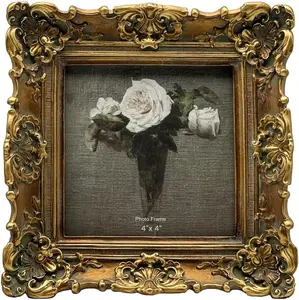 4X4 Vintage Small Picture Frame Antique Ornate Bronze Gold Square Photo Frame Table Top and Wall Display, Decorative Floral Design Retro Home Decor, Photo Gallery Art No brand
