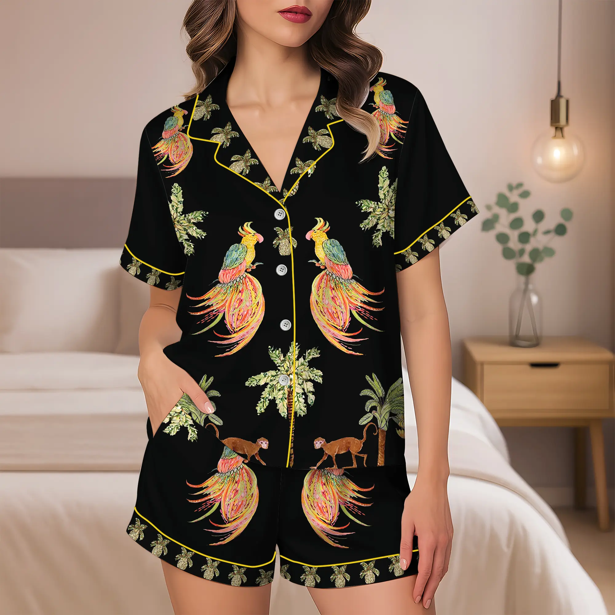 Women’s Coconut Tree Peacock Monkey Plant Short Sleeve Satin Pajama Set, Tropical Peacock Monkey Short Satin Pajama Set for Women, Coconut Tree Plant Print Sleepwear, Silky Button Up Pajama Shorts, Summer Lounge, Gift for her