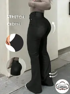 2026SS Women's Premium Black Denim Pants | Sexy Draped Cross Design, Floor-Length Micro Flare, Stretchy Slim Fit, Womenswear