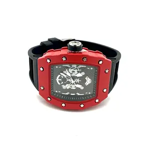 42mm Skeleton Luxury Hiphop Rubber Strap Tonneau Watch for Men