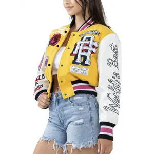 Vibrant Letter & Flower Pattern Crop Bomber Jacket - Stylish Long Sleeve Color Block Outwear with Casual Chic Design for Spring & Fall Seasons - Women's Fashionable Clothing for Everyday Wear