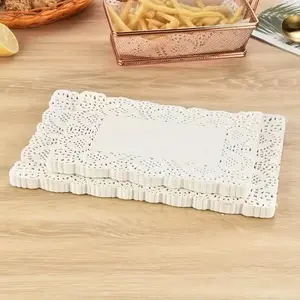 140 Pcs Lace Paper Doilies – White rectangular disposable food liners for fries, fried chicken, cakes and desserts. Elegant decorative tray liners for kitchen, parties and food presentation.