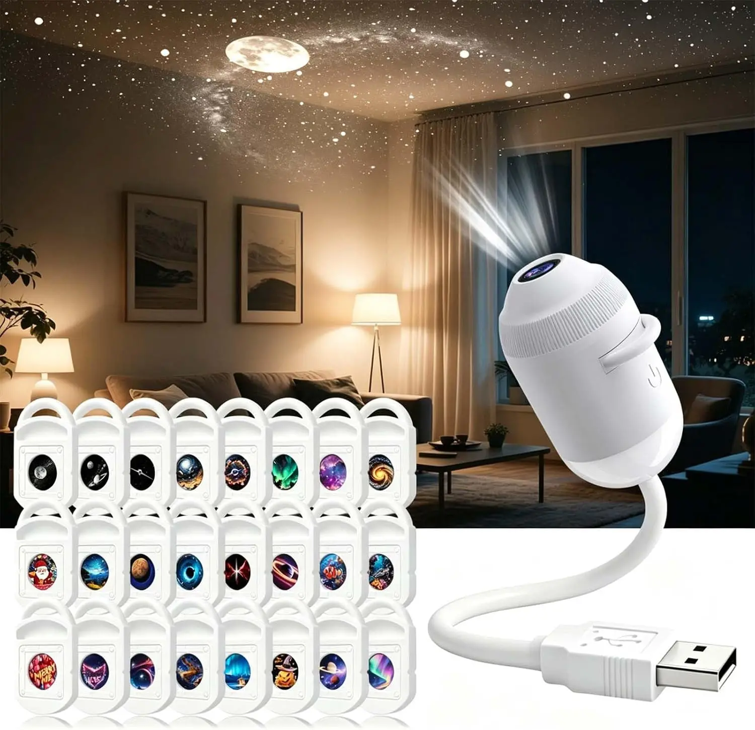 2-in-1 Galaxy Projector Night Light 24 Films, Smart Dynamic 5D Holographic Night Light Projector, 360° Rotating Plug and Play Star Projector,Mini Galaxy Projector usb for Bedroom Ceiling Wall Room Decor lamps
