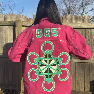 555 Angel Number Jacket Medium - Pink with Green Design, Long Sleeve, Casual Style, Perfect for Everyday Wear Size medium