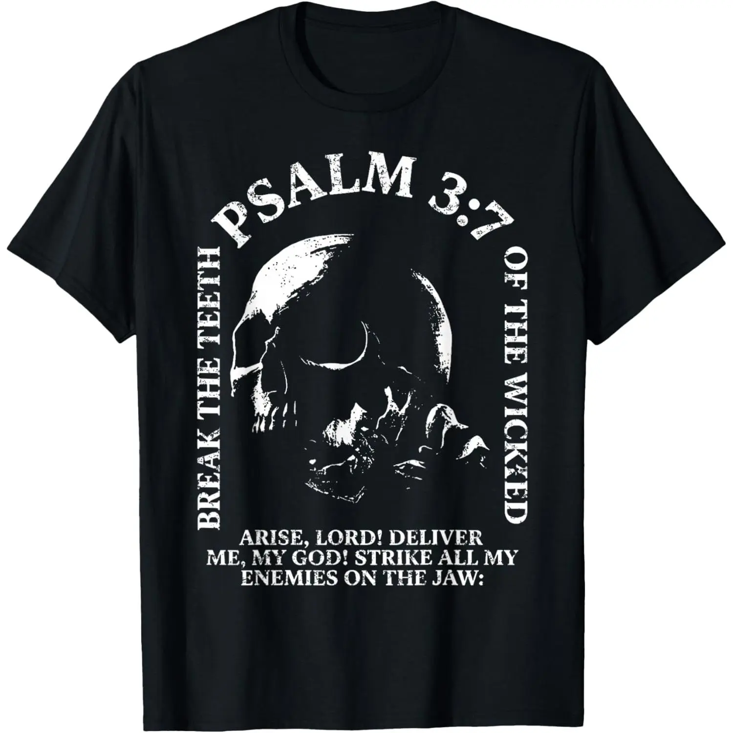 Women's Cotton Short-Sleeve Casual T-Shirt, Distressed Graphic, Psalm 3:7 Vintage Skull Christian Religious Bible Verse Design, Shortsleeve, Round Neck, Streetwear, Top, Tshirt