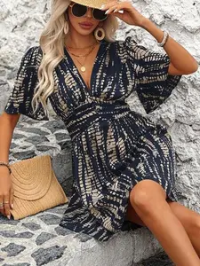 Women Fashion Printed Short Sleeve V-Neck Dress