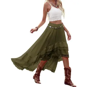 LEVEN SIXTEEN Women's Western Boho Skirt - Lace Ruffle Asymmetrical Hem Cowgirl Style Army Green Army Green Medium