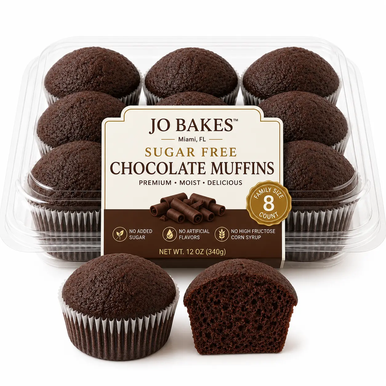 JO BAKES Sugar Free Chocolate Muffins, 8-Pack, 240-Calorie Friendly Snack, Moist Bakery Dessert