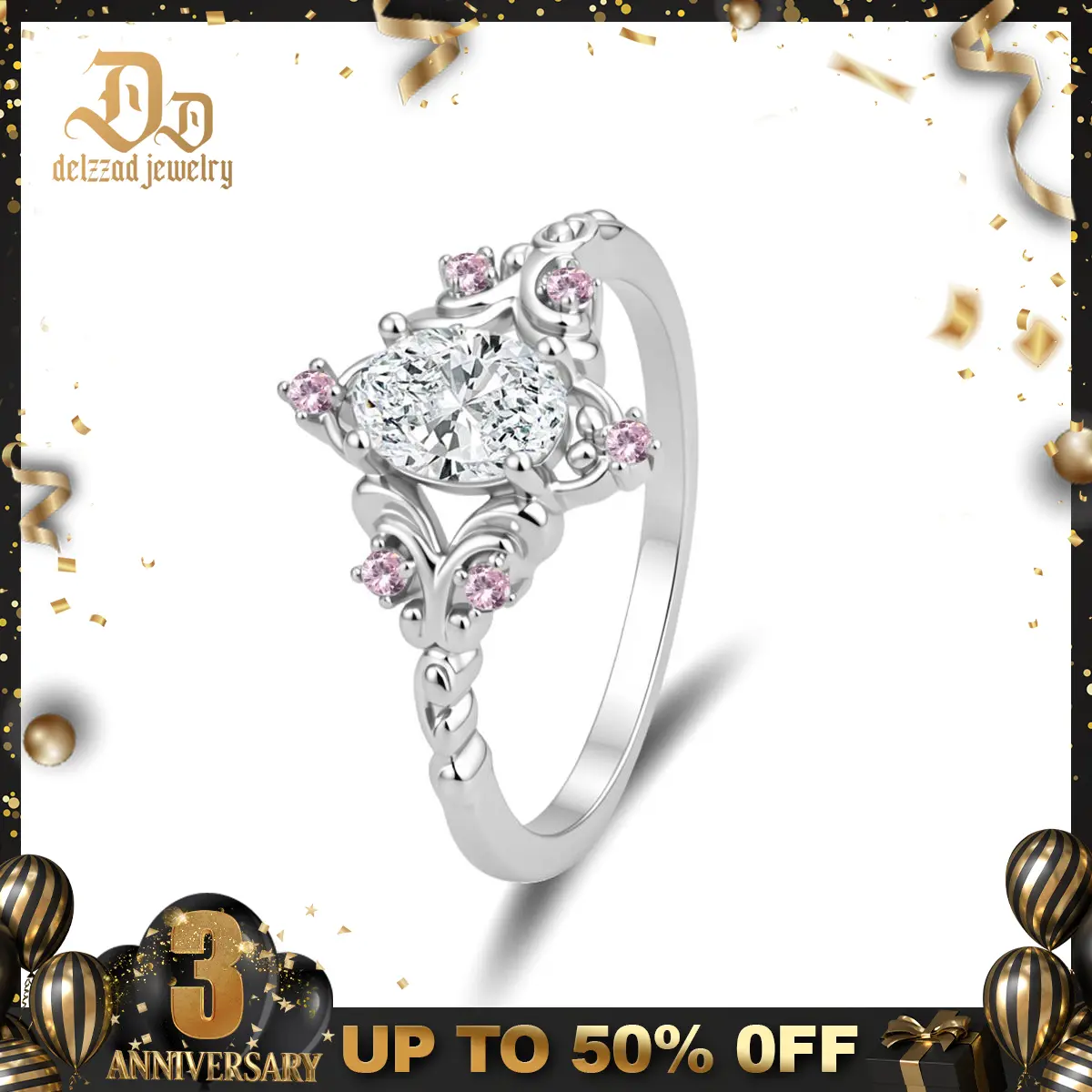 Delzzad 14K Gold-Plated 1ct Enchanted Mirror Ring Briar Ring Band VVS Synthetic Moissanite Ring Jewelry Perfect Birthday Engagement Wedding Anniversary Christmas Gift