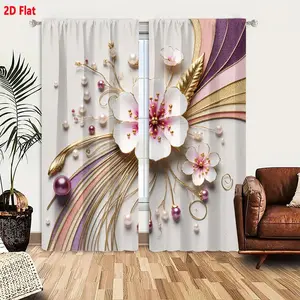 2D Flat  Decorative Ornate Floral Beaded Curtain 2-Piece Set, Large White Flower with Pinkish-Purple Petals & Golden-Pink Stamen, Surrounded by Smaller White Flowers, White/Pink Pearls, Golden Leaves, Stylized Pink/Purple/Gold Shapes, Light Gray Ba