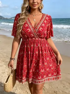 Plus Size Wine Boho Dress, Vintage Ethnic Print, V Neck Batwing Sleeve, Waist Cinch, a Line Short Dress, Comfortable & Stylish