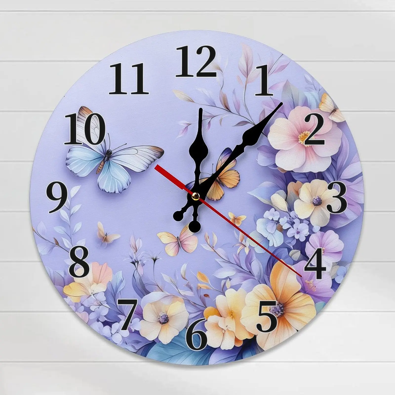 10-12in Wooden Analog Round Wall Clock - DIY Lavender Butterfly-Shaped Silent Shabby Chic Purple Home Decor for Bedroom, Casual Kid Room Gift Ideal for Birthday, Decorative Wall Clock, Analog Clock
