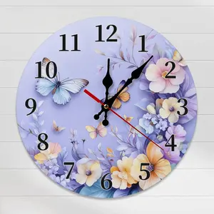 10/12 in Lavender Flower Butterfly-Shaped Silent Wall Clock, Classic Shabby Chic Purple Home Decor for Bedroom, Nursery