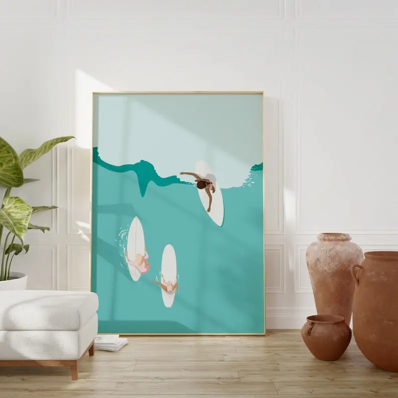 Coastal Girly Beach Printable wall art, Aerial Surfers Print, Tropical Aesthetic, Summer Poster, surfer girl print, Beachy room decor
