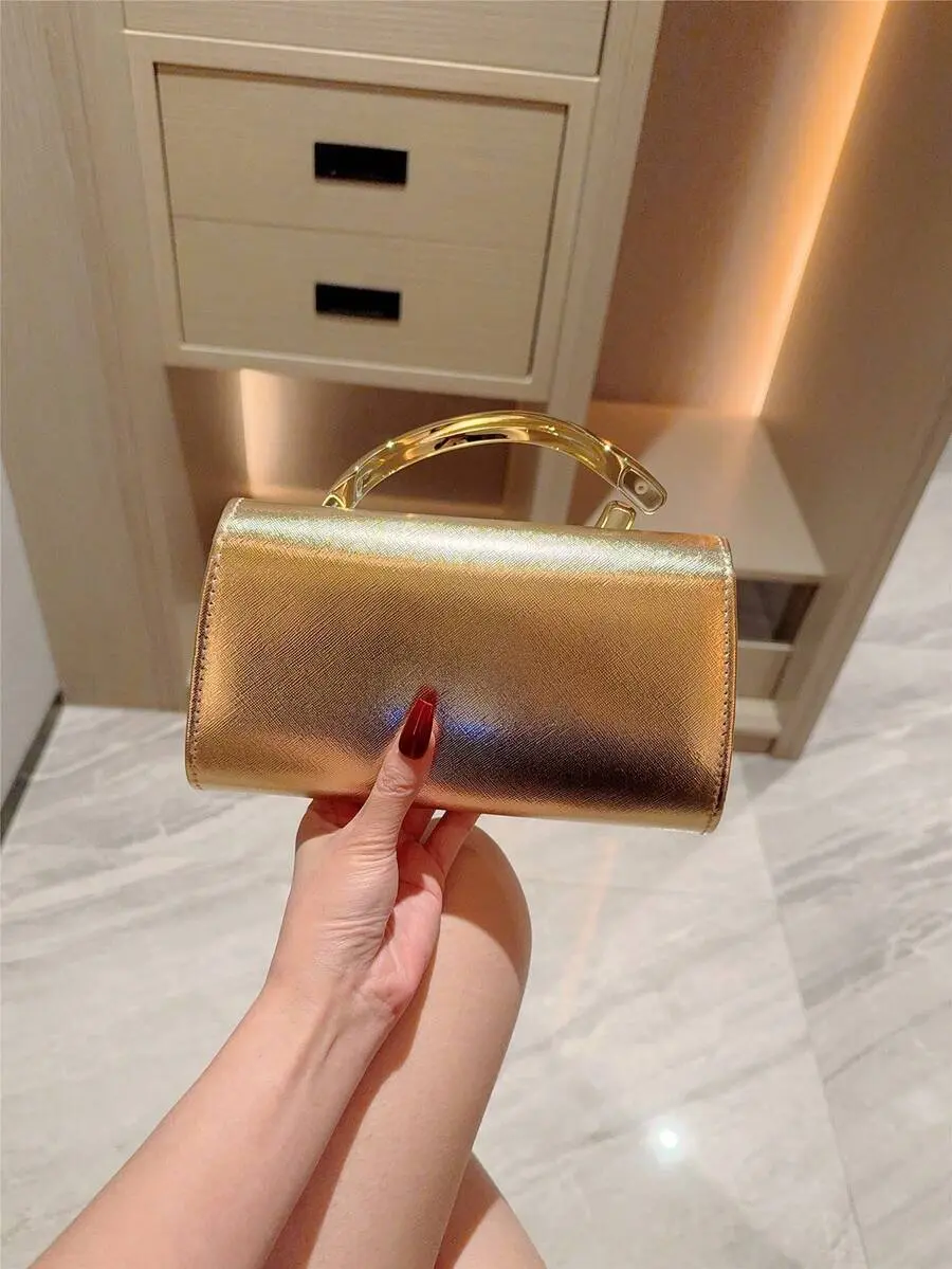 Women's Luxury Metallic Box Clutch Bag Elegant PU Leather Evening Handbag Shiny Metal Strip Party Purse for Prom Wedding Cocktail Formal Events