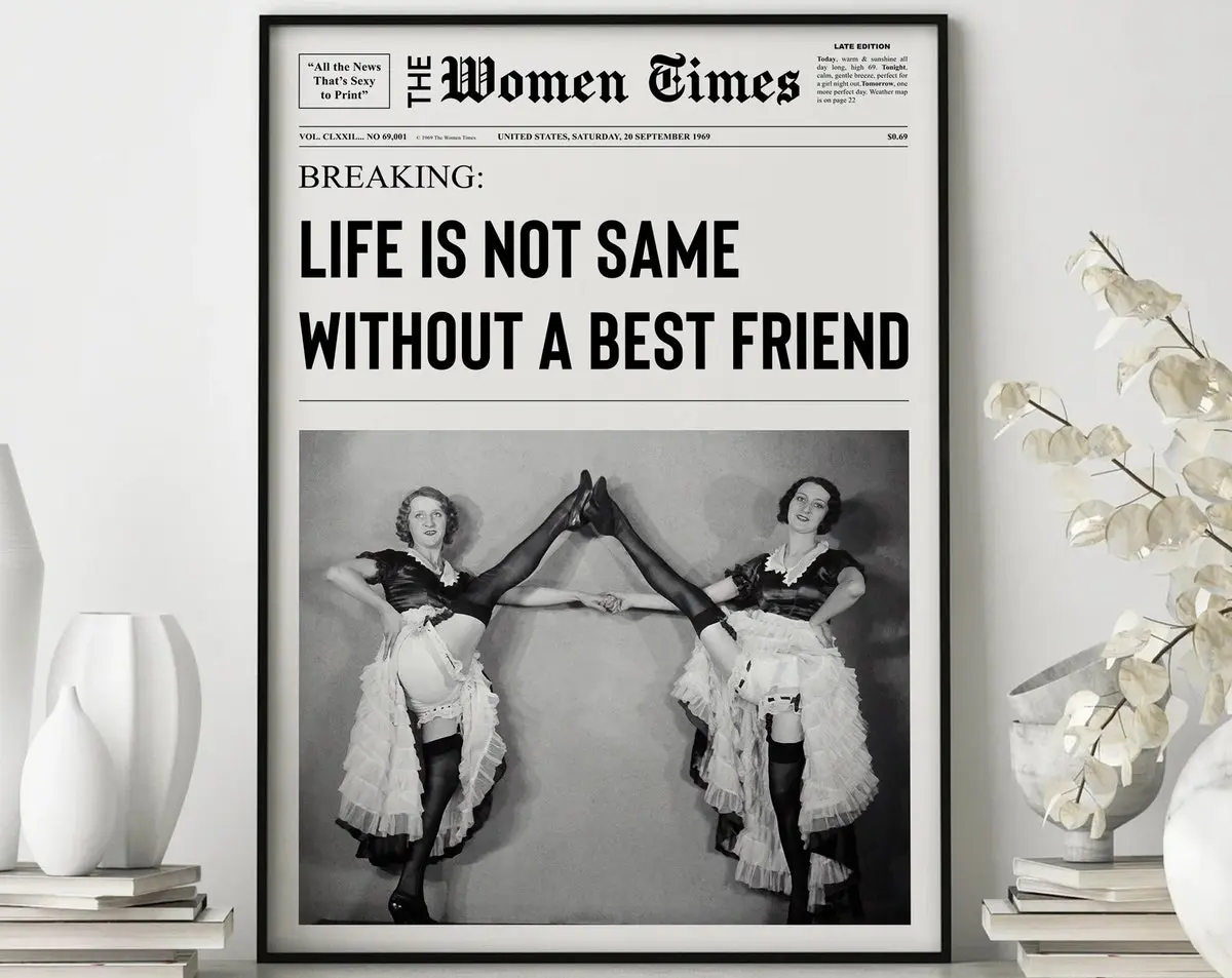 Best friend Gift, Newspaper Print, Girl Dorm Room Art, Best friend Fun Print, Black and White Print, Bar Cart Art, Fashion Print