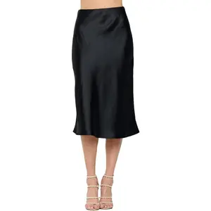 Women Solid High Waist Silky Casual Elastic Satin Midi Skirt -Made in USA (Available in Plus Size)Gift