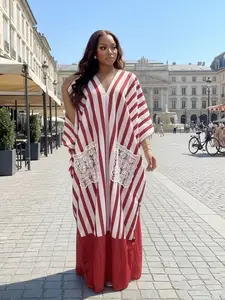 New Fashion Casual Wear Loose V-Neck Sexy Women's Lace Pocket Striped Print Boubou Kaftan Dress, Elegant Summer Beach Resort Robe with Scarf Womenswear