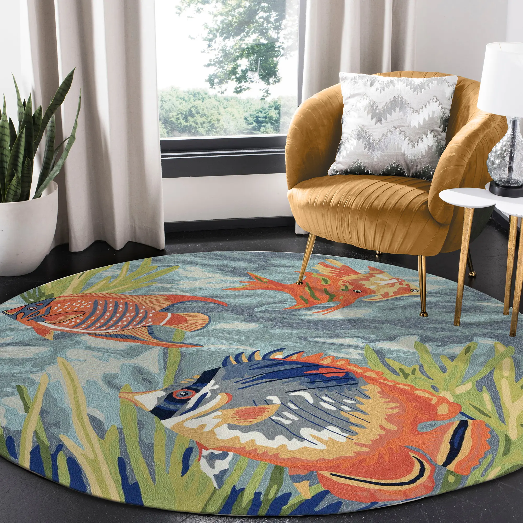 Lush Decor Ravella Multi-Size 1-Piece Indoor/Outdoor Hand-Tufted Polyester Acryl Synthetic Blend Durable Artistic Decorative Area Rug - Aqua Nautical Tropical Fish Graphic, Contemporary, Water Resistant, UV Resistant, 0.5" Pile Height, Coastal
