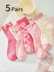 5 Pairs Girls' Socks, Autumn Winter Bow Cute Knee-High Socks, Little Girl Princess Socks, Student Socks, Cute Textured Socks, Sweet and Casual
