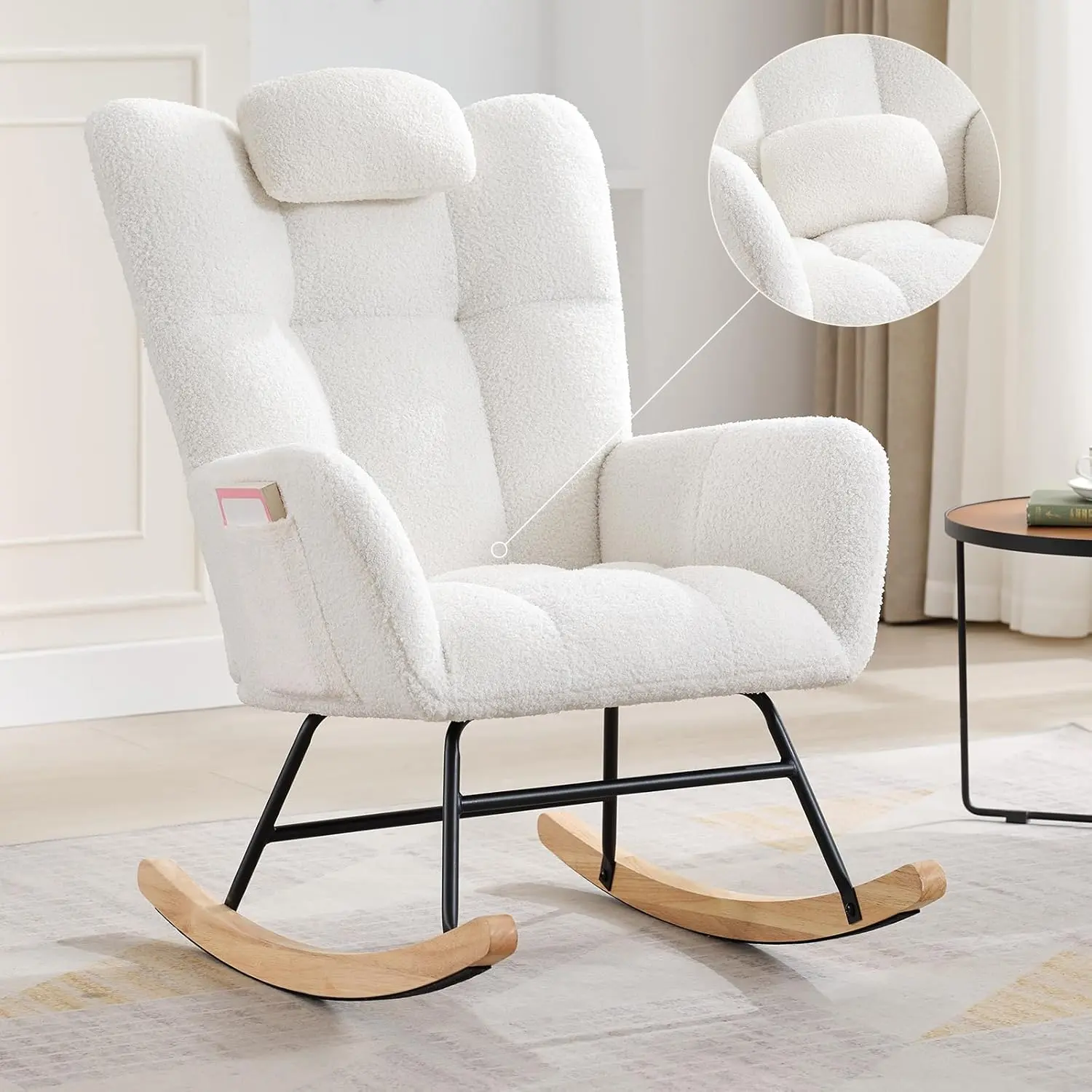 Upholstered Nursery Rocking Chair - Padded Seat, High Backrest, Back-Friendly Armrest Rocking Chair for Living Room, Bedroom Cozy Reading, Rocking Chairs, Armrest Rocking Chairs