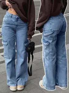 2026 SS American Y2K Streetwear Cargo Jeans Women Blue Denim Pants With Flap Side Pockets