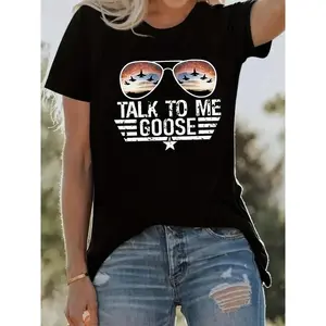 Women's Casual Crew Neck T-Shirt with "Talk to Me Goose" Graphic Print - Polyester 95%, Spandex 5% Knit Fabric, Lightweight & Breathable Short Sleeve Top for Spring/Summer/Fall, Casual Wear|Fun Summer Shirt|Polyester Blend