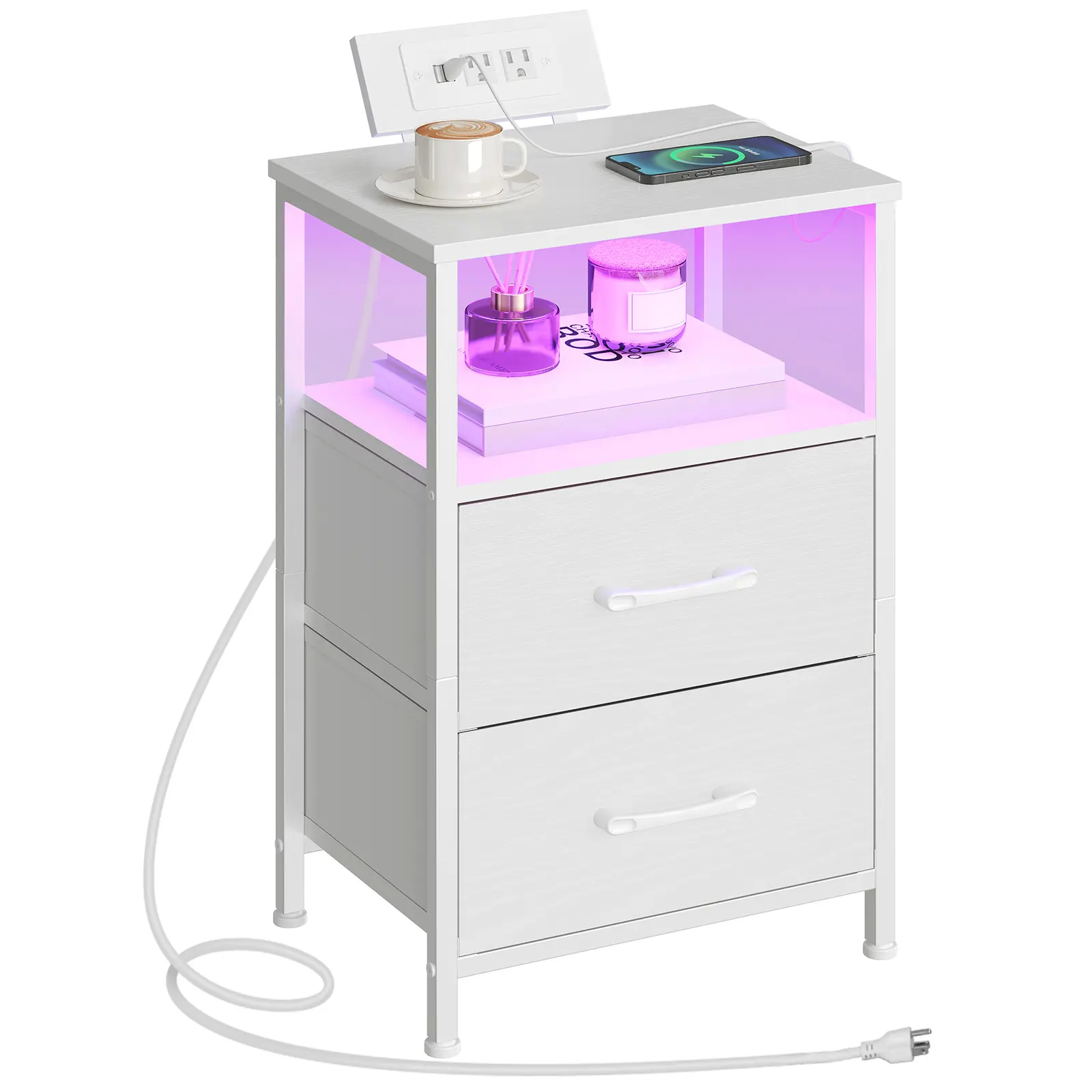 HOOBRO Nightstand with Charging Station, Bedside Table with LED Lights and 2 Fabric Drawers, End Table with 2 AC Outlets and USB Port, Small Night Stand for Bedroom #SummerVibes