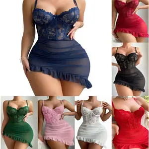 Sexy Corset Bodycon Ruffle Floral Lace Sheer Mesh Underwire Lingerie Dress Set 2 Piece with Thong