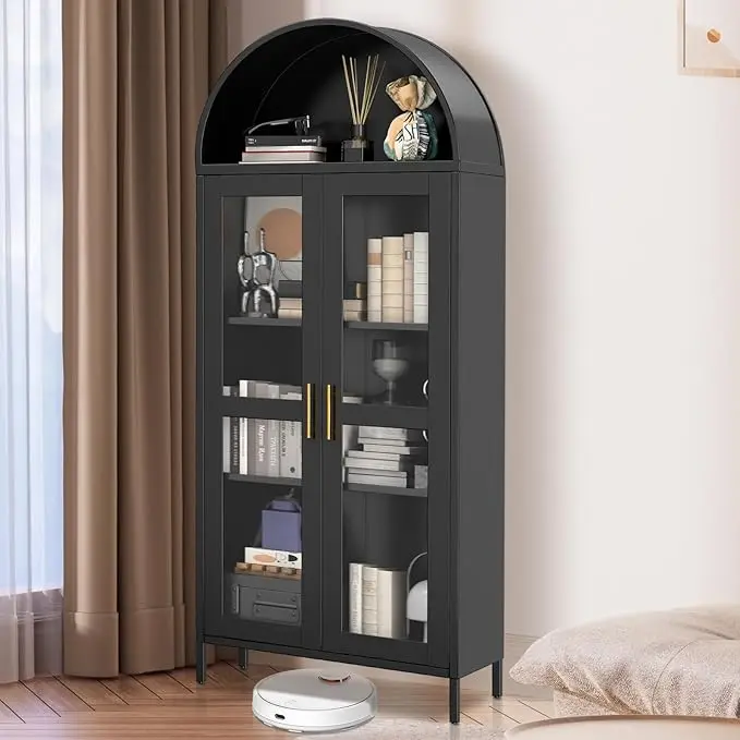 73" Arched Metal Storage Cabinet Kitchen Pantry Cabinet with Glass Door 2 Adjustable Shelves,Modern Farmhouse Display Bookshelf ,Freestanding Display Cabinets for Living/Dinning Room