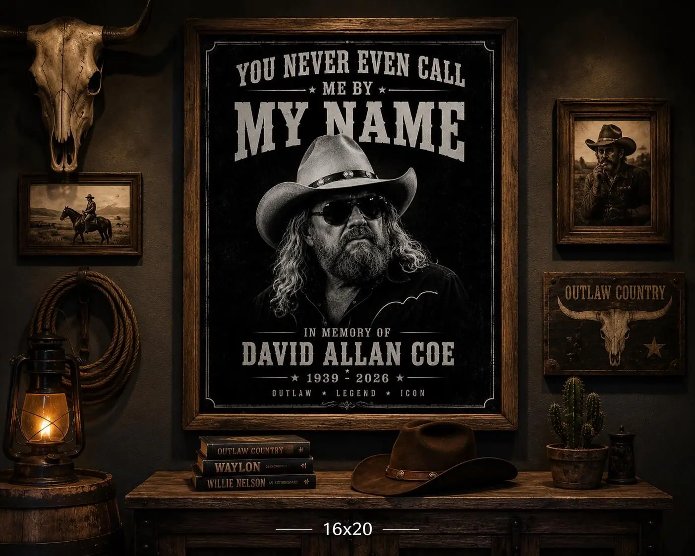 [SALE UP TO 40%] [Unframed] David Allan Coe Memorial Poster, Vintage Outlaw Country Wall Art, Western Cowboy Decor, Rustic Music Legend Print