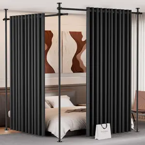 Room Divider for Room Separation (57-145in W), Curtain Rods No Drilling for Bedroom, Freestanding Room Divider Panel Tension Rod, Wall Divider Privacy Screen Partition for Space Separator, Drill Free