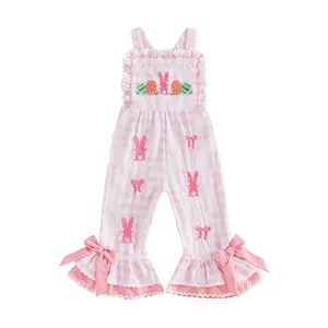 Babamoon Kids Toddler Baby Girls Easter Plaid Overalls Jumpsuit Sleeveless Bunny Egg Bow Embroidery Suspender Flared Pants 6M-5Y