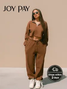 JOYPAY Women's 2-Piece Long Sleeve Collared Cropped Zip Pullover Set - Chic, Fitted Fabric, Comfortable Elastic Drawstring Pants, Minimalist Adjustable Streetwear Lounge Outfit