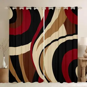 Black Red Brown Window Curtain, Vintage Abstract Stripes Curtains, Bedroom Decor Geometric Circle Waves Window Treatment Curtain