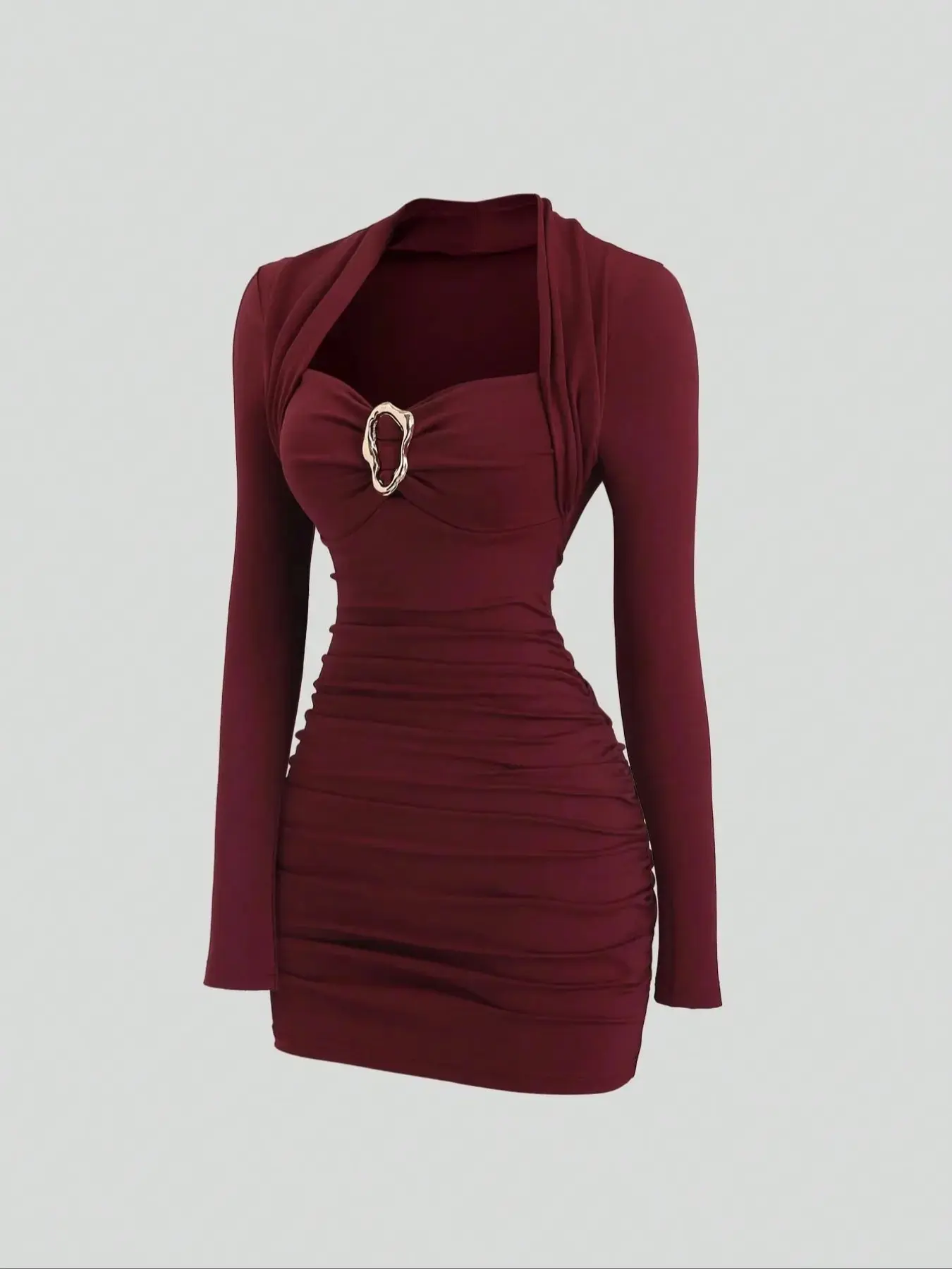 Elegant Party Slim Fit Cocktail Dress for Fall & Winter, Wine Red Color, Metal Decorations, Perfect for Christmas and Formal Occasions, Formal Wear, Elegance