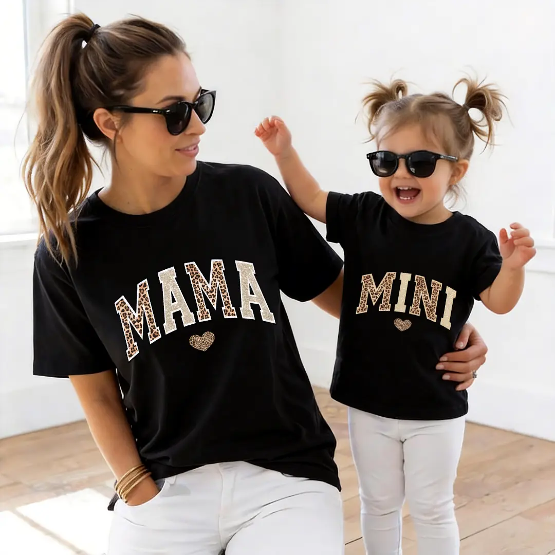 Mama and Mini Matching Shirts, Mama and Mini Gold Leopard T-Shirt, Mothers Day Gift, Mommy And Me Matching Shirts, Mama Kid Matching Shirt Casual American Short Sleeve girly tops girl set