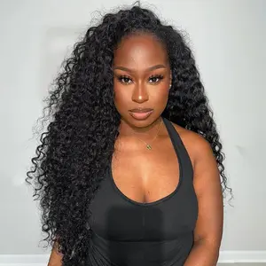 [3 IN 1 Half Wig] Human Hair Curly 3 In 1 Half Wigs Human Hair With Drawstring Seamless Flip Over Wig Glueless Kinky Curly Deep Wave Wigs For Women Ready To Wear