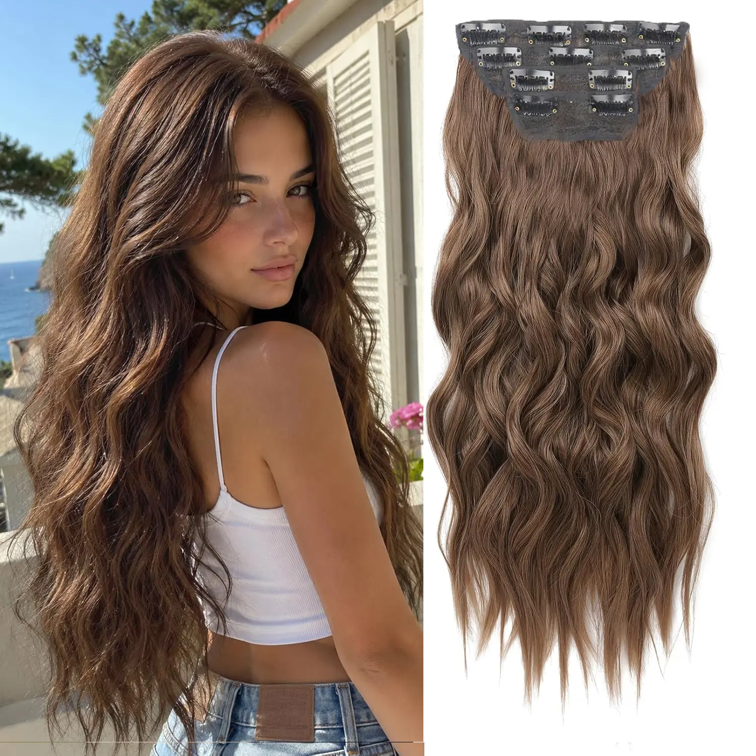 Seeway Clip in  Hair Extensions 4PCS Natural Soft Hair Long Wavy Thick Hairpieces Fiber Double Weft Synthetic Hair for Women full head coverage