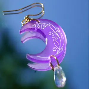 Floral Moon Earrings - Iridescent Glass Beads & Delicate Floral Engraving - Hypoallergenic Hooks - Lightweight Comfortable Wear - Purple Frosted Acrylic Design