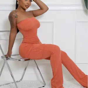 Women Orange flair leg open back Comfortable Romper pants bodysuit Fit Jumpsuit
