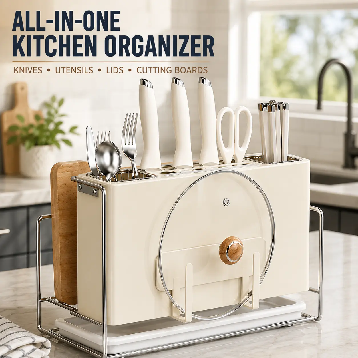 Multi-Function Kitchen Storage Rack with Knife Holder, Utensil Holder, Cutting Board Rack, Lid Organizer and Drip Tray