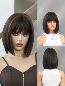 1PC 10-inch Glueless Bob Wig, Bob cut wig, for Women with Bangs, Short Straight Hair Wig, natural appearance and made of heat-resistant synthetic fibers, suitable for daily use by women and girls, also used as a wig accessory for festivals and part