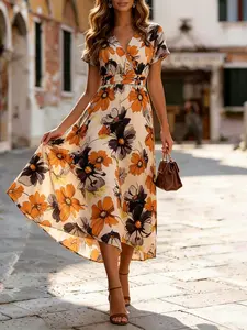 Women’s Floral V-Neck Short-Sleeve Midi Dress—Summer Fashion Casual High-Waisted Elegant A-Line Dress Suitable for Everyday Dates, Vacations, Beach Parties, and Ideal As a Mother’s Day Gift.